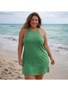 Old Navy Womens Green Sleeveless Ribbed Tank Dress 4X Cotton Blend Beach Vacatio